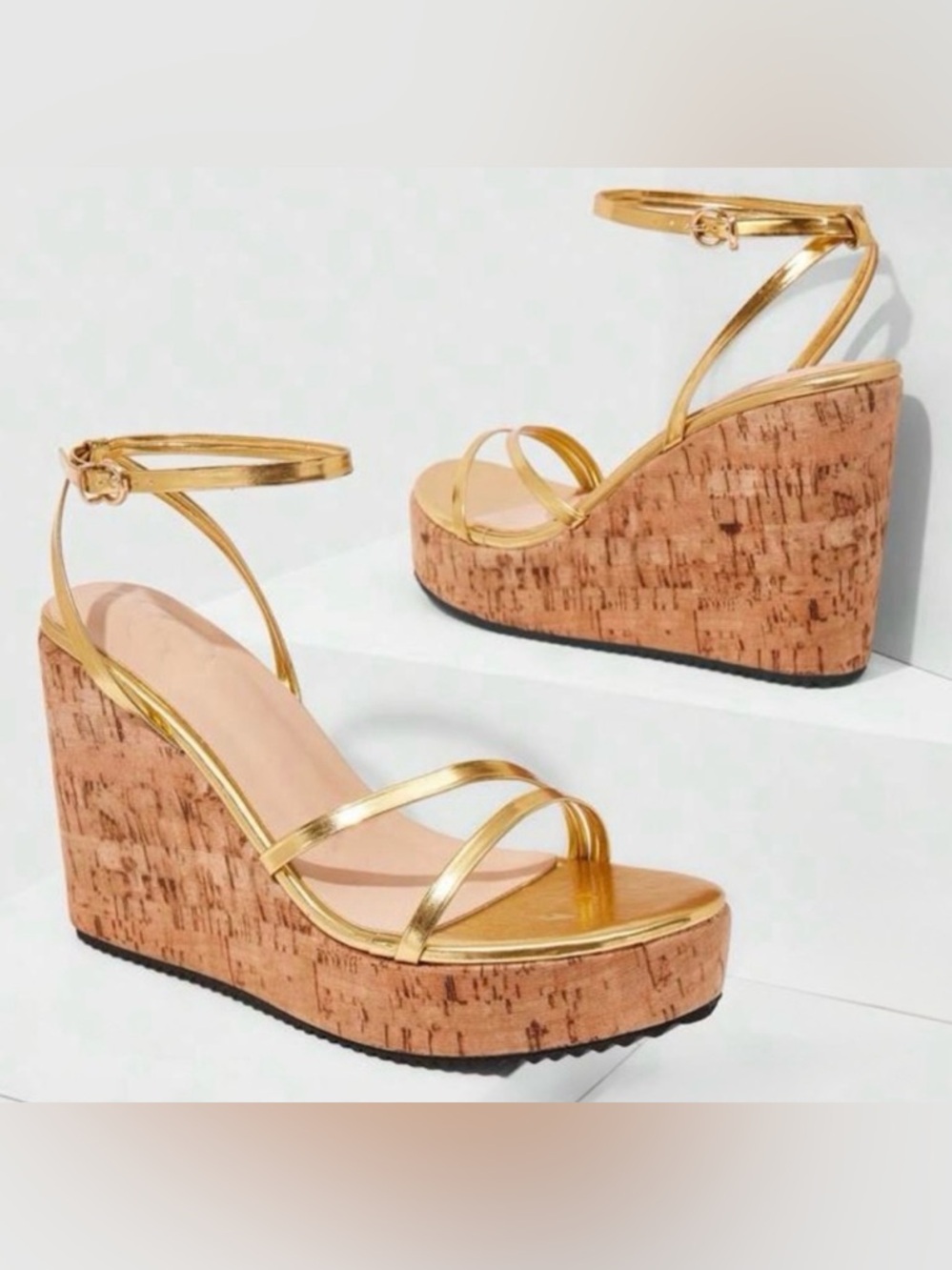 Gold Strappy Cork Wedge Heels, Sandals | 6.5 | New | 4.3” Heel, 1” Platform - Picture 8 of 8